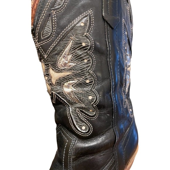 MISS CAPEZIO USA Made Vintage Black Leather Metallic Butterfly Cowboy Boots 8 - Picture 7 of 16